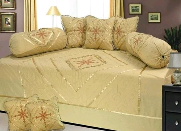 latest New Design Soft Cotton Embroodiery1 bedsheet 2bolster and 5 Cushion cover Diwan Set - Free Size, Cream, Cotton, Multipack :1